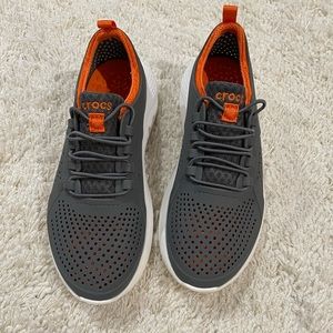 Crocs Kids Size J4 LiteRide Pacer Sneaker, Gray/Orange Comfortable Slip-On